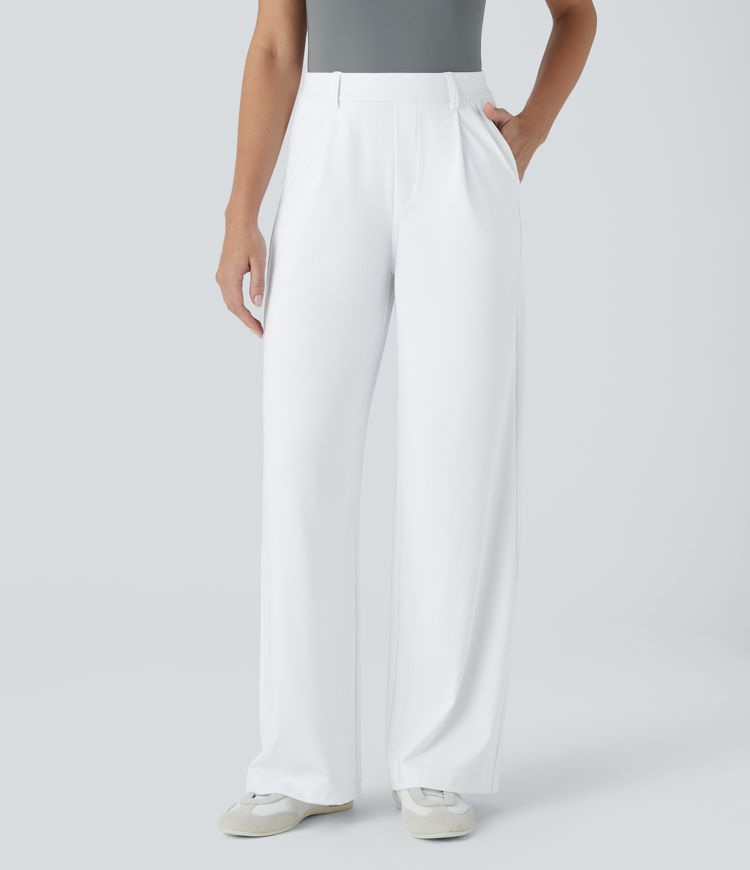 Pantalones de oficina rectos de tiro alto con bolsillos laterales