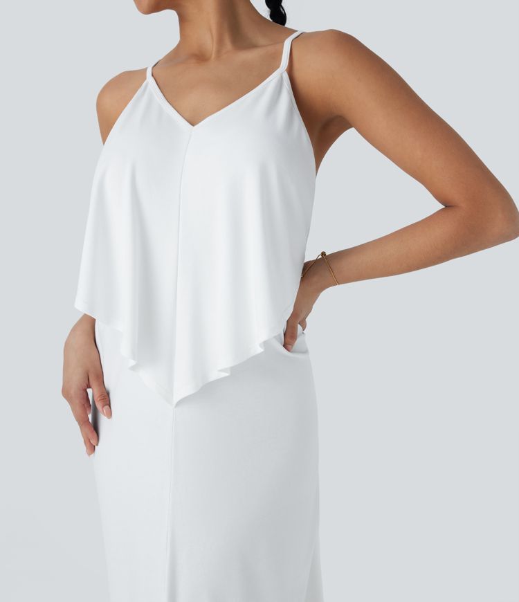 Robe Longue de Vacances avec Col V Dos Nu à Nouer et Fronces
