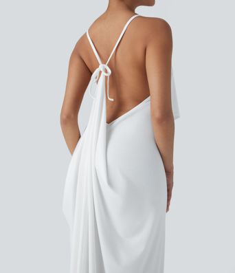Robe Longue de Vacances avec Col V Dos Nu à Nouer et Fronces