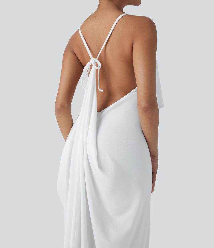 Robe Longue de Vacances avec Col V Dos Nu à Nouer et Fronces
