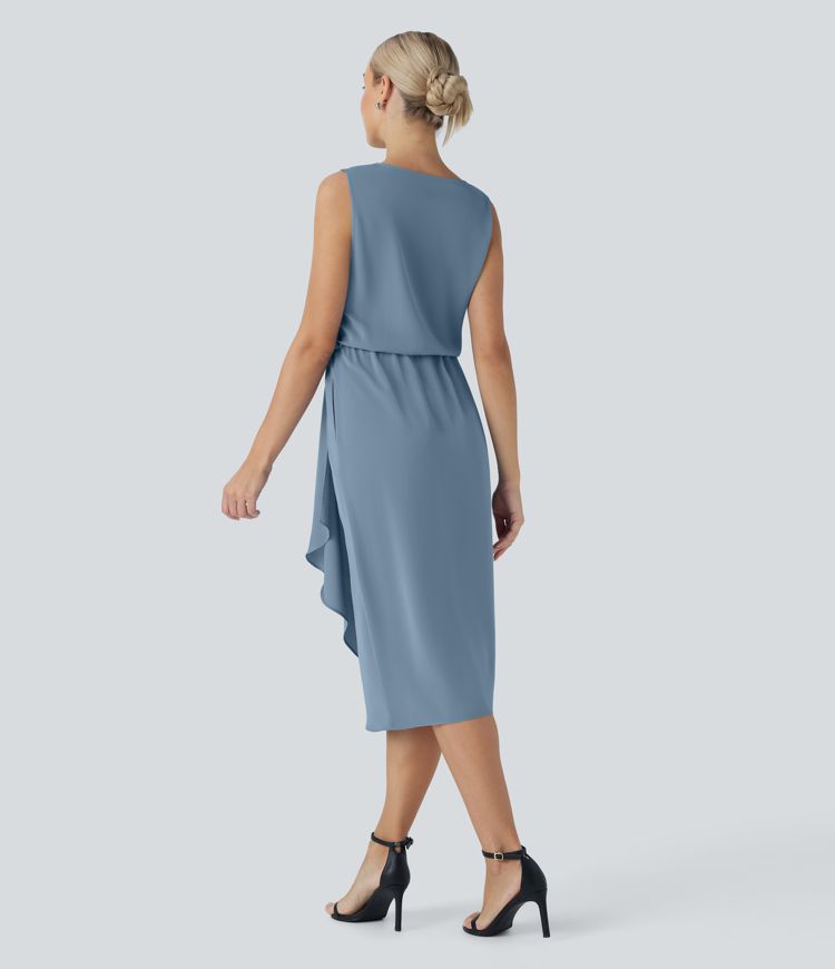 Vestido midi de viaje sin mangas con cuello vuelto y dobladillo cruzado con bolsillos laterales