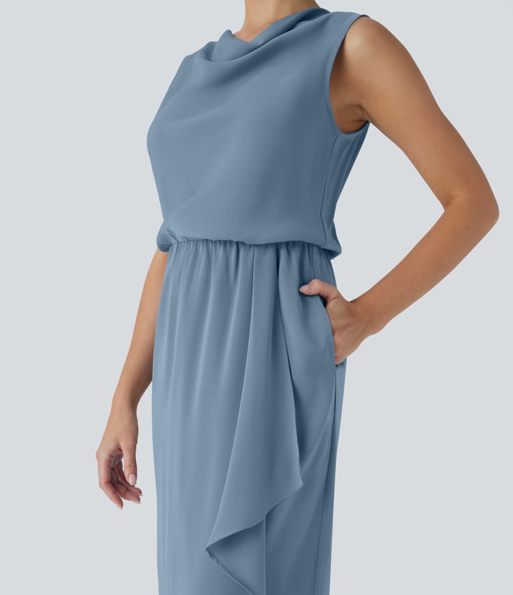 Vestido midi de viaje sin mangas con cuello vuelto y dobladillo cruzado con bolsillos laterales