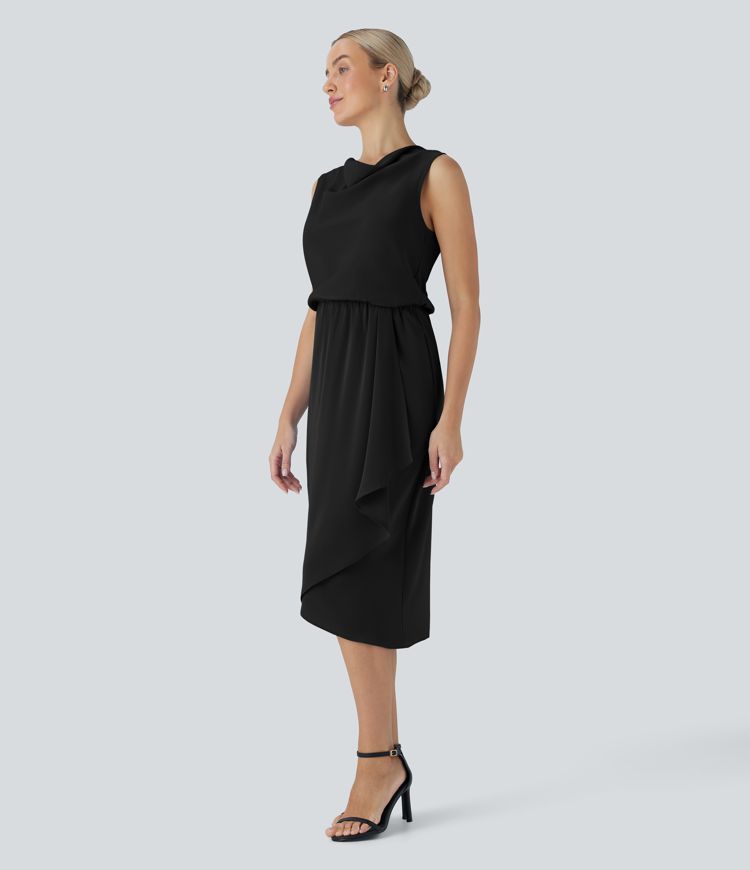 Wrinkle-resistant Cowl Neck Sleeveless Crossover Hem Midi Travel Dress with Pockets