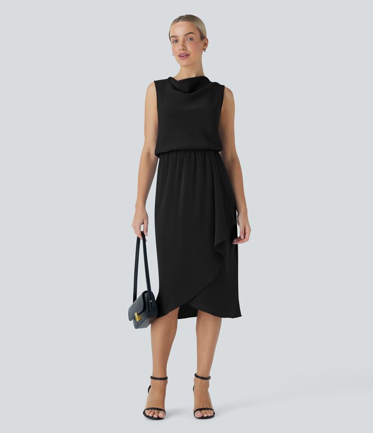 Wrinkle-resistant Cowl Neck Sleeveless Crossover Hem Midi Travel Dress with Pockets