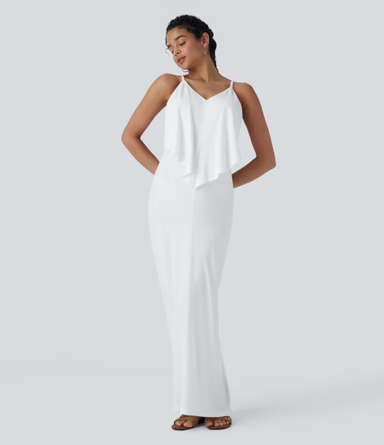 V Neck Tie Back Ruched Maxi Slip Dress