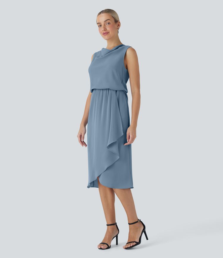 Vestido midi de viaje sin mangas con cuello vuelto y dobladillo cruzado con bolsillos laterales