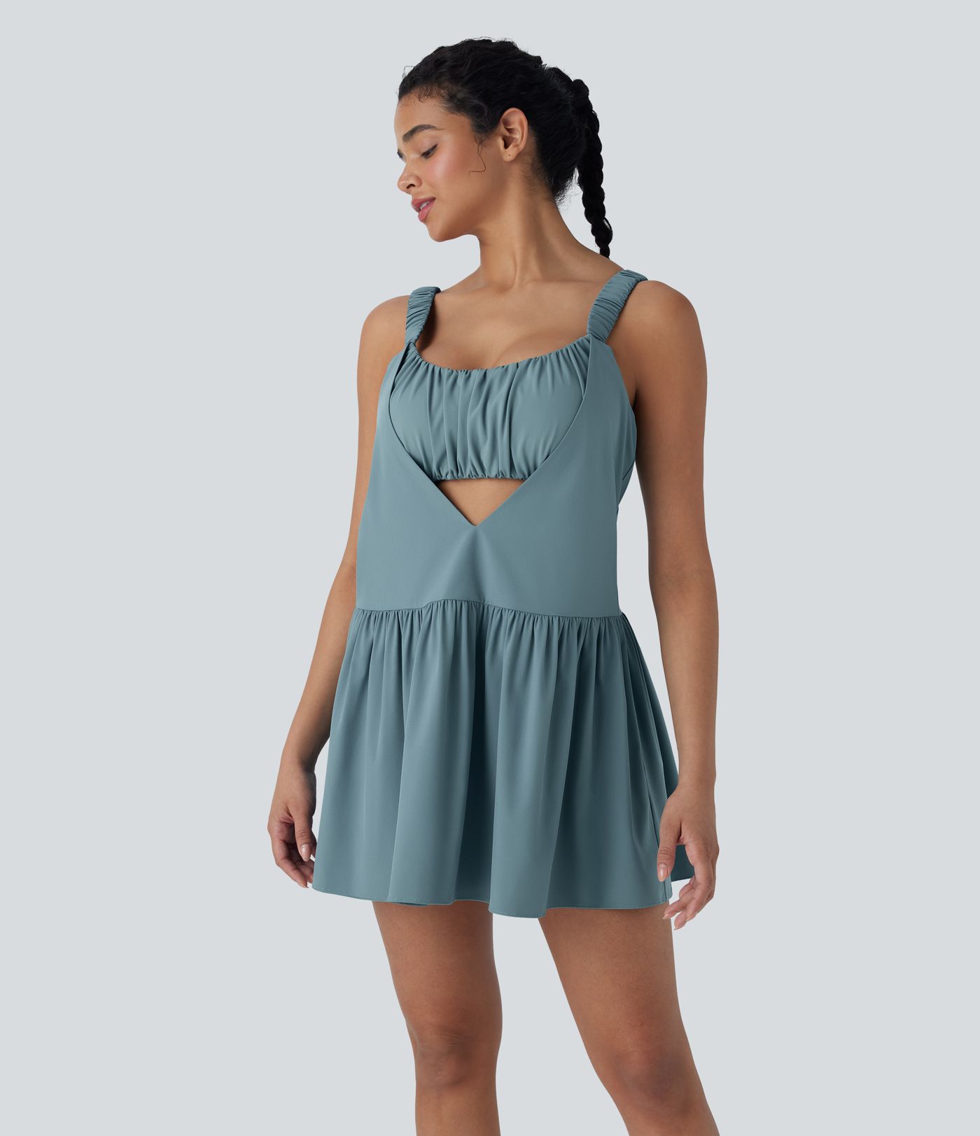 Breezeful™ - Gerafftes, rückenfreies, 2-teiliges Pickleball-Minikleid mit Seitentaschen - schnelltrocknend