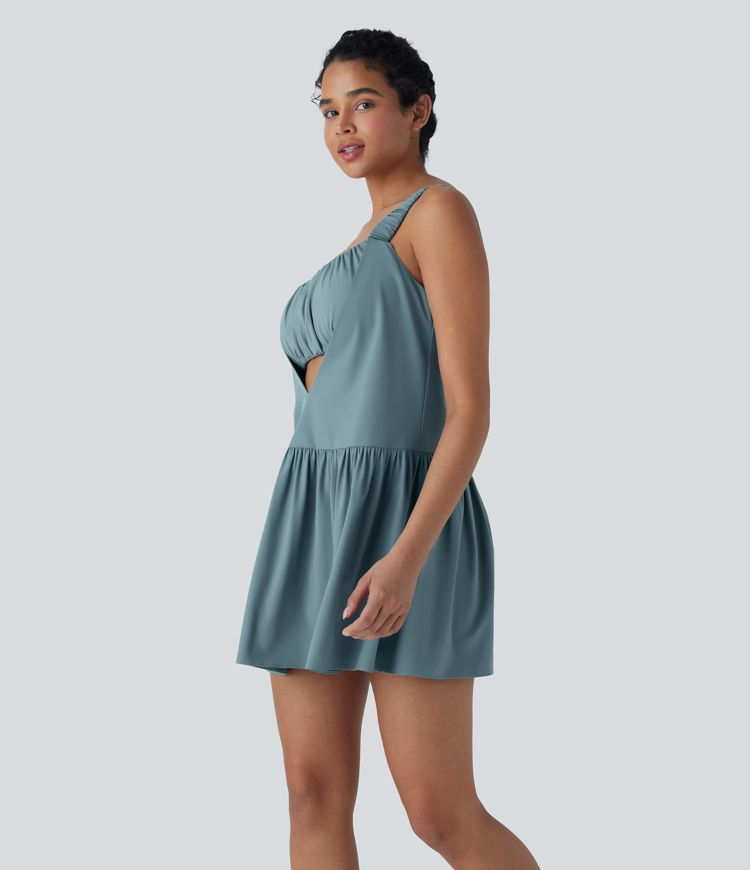 Breezeful™ Backless Cut Out Ruched 2 Piece Mini Quick Dry Pickleball Active Dress with Pocket