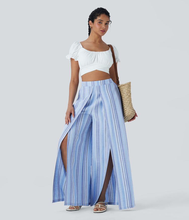 Pantalon large fluide rayé taille haute effet lin avec fentes et poches