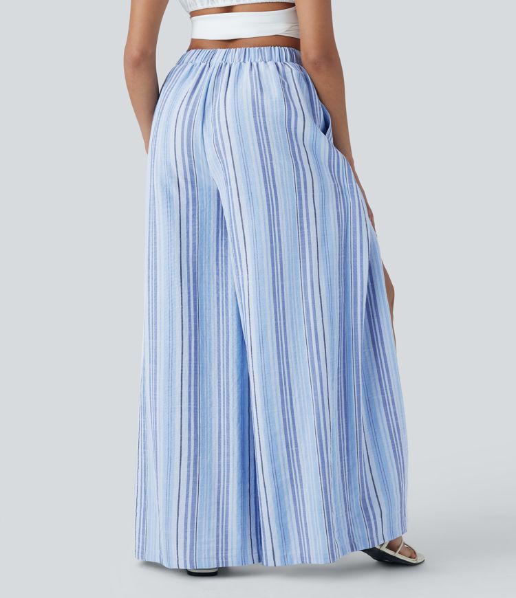 Pantalon large fluide rayé taille haute effet lin avec fentes et poches