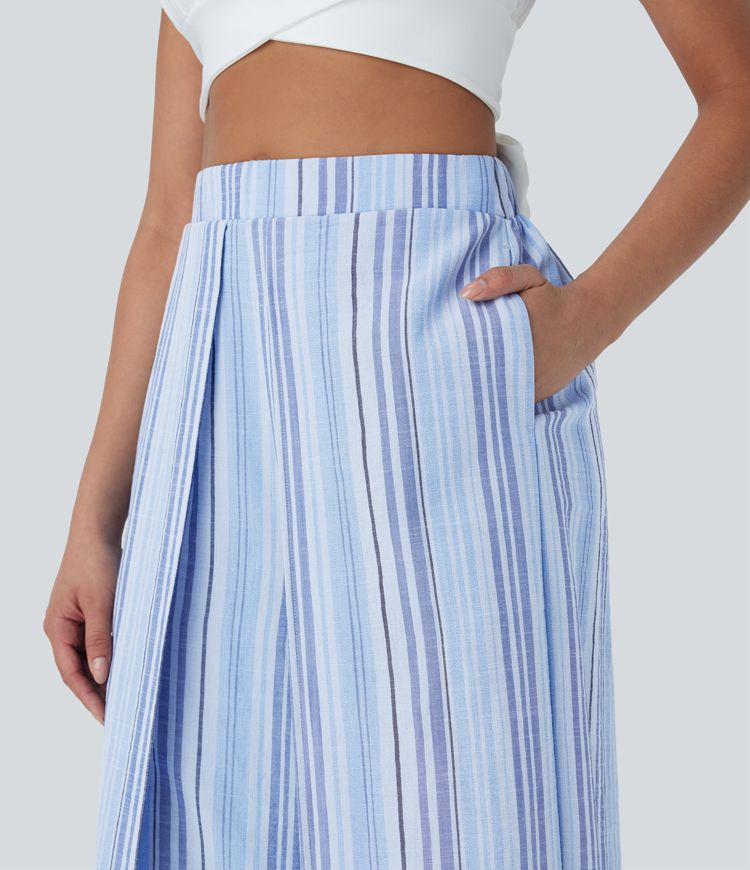 Pantalon large fluide rayé taille haute effet lin avec fentes et poches