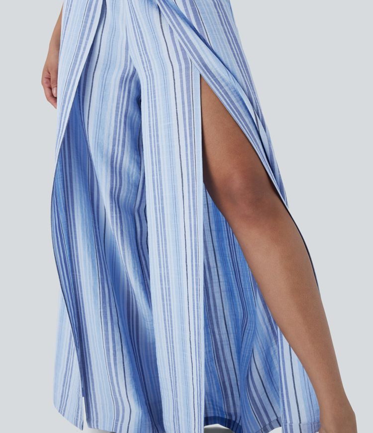 Pantalon large fluide rayé taille haute effet lin avec fentes et poches