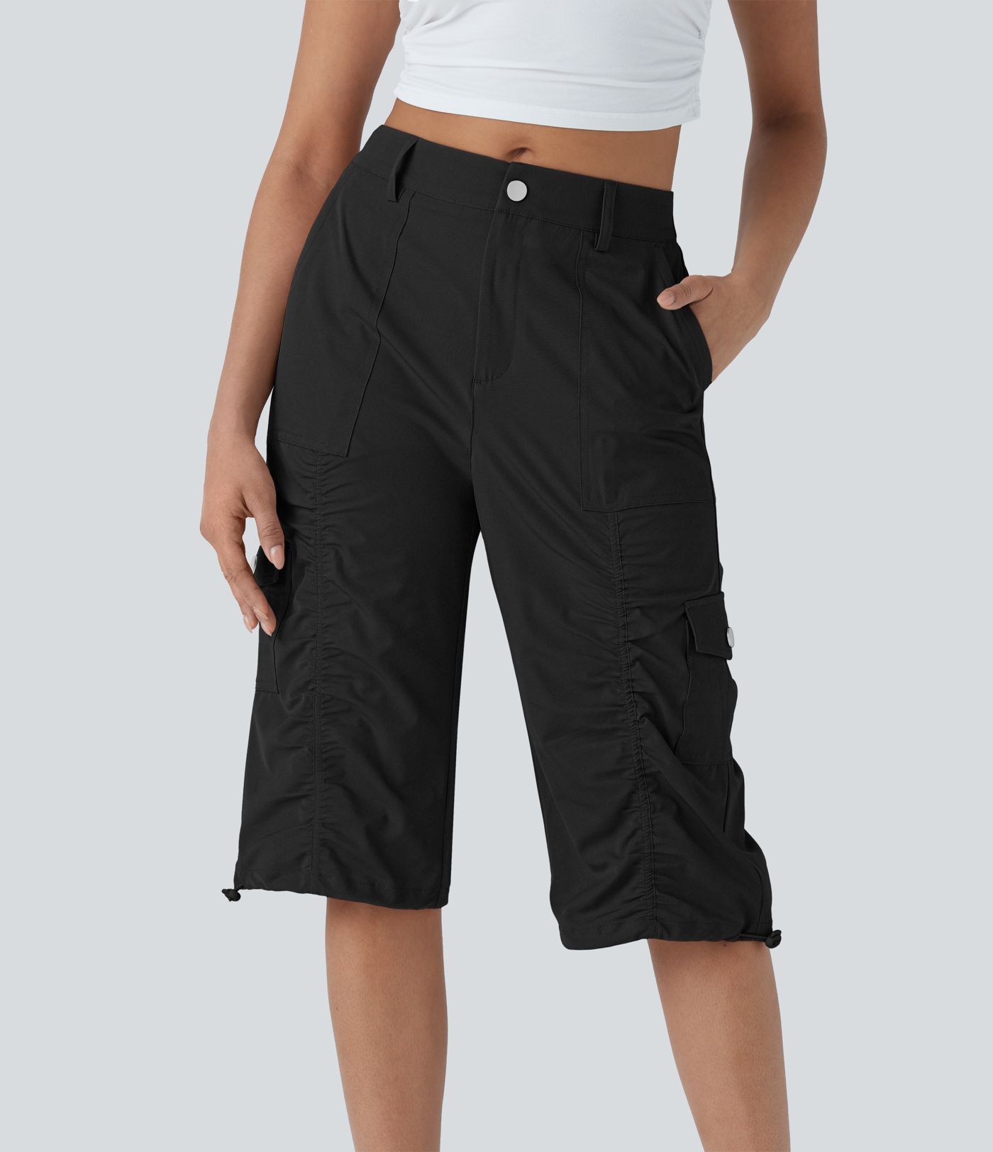 Mittelhohe, gerüschte, verstellbare Cargo-Hose mit Kordelzug, schnelltrocknend, lässige Pedal-Pusher-Hose mit Taschen