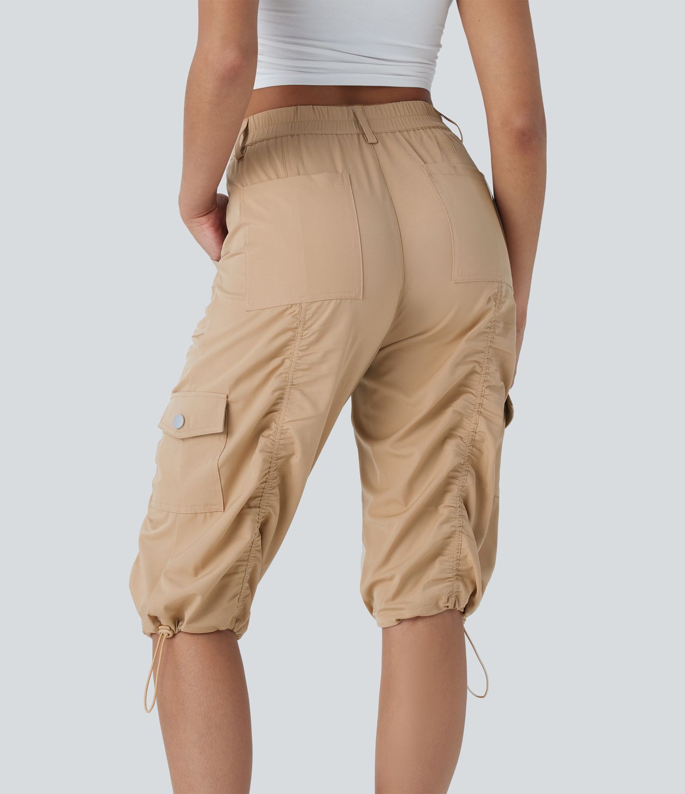 Mittelhohe, gerüschte, verstellbare Cargo-Hose mit Kordelzug, schnelltrocknend, lässige Pedal-Pusher-Hose mit Taschen
