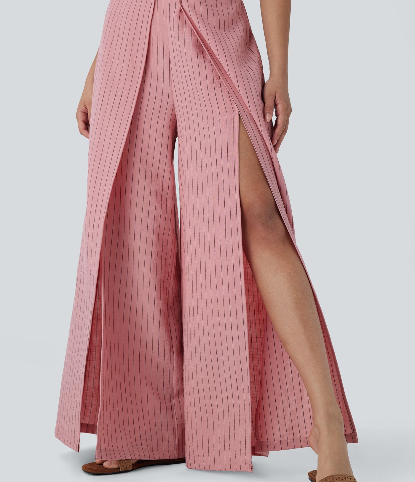 Urlaubs-Hose mit Leinen-Feeling, hohem Bund, Seitentaschen, Streifen, Schlitz und weitem Bein