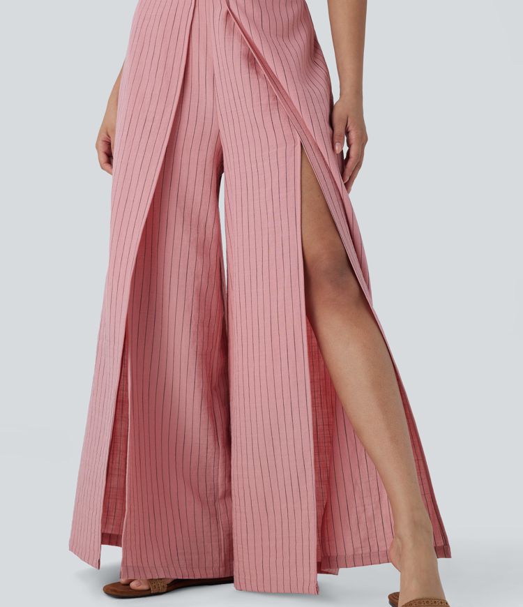 Urlaubs-Hose mit Leinen-Feeling, hohem Bund, Seitentaschen, Streifen, Schlitz und weitem Bein