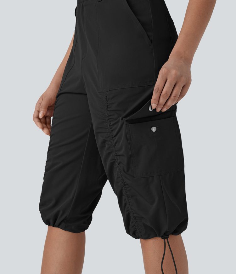 Mittelhohe, gerüschte, verstellbare Cargo-Hose mit Kordelzug, schnelltrocknend, lässige Pedal-Pusher-Hose mit Taschen
