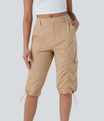 Mittelhohe, gerüschte, verstellbare Cargo-Hose mit Kordelzug, schnelltrocknend, lässige Pedal-Pusher-Hose mit Taschen