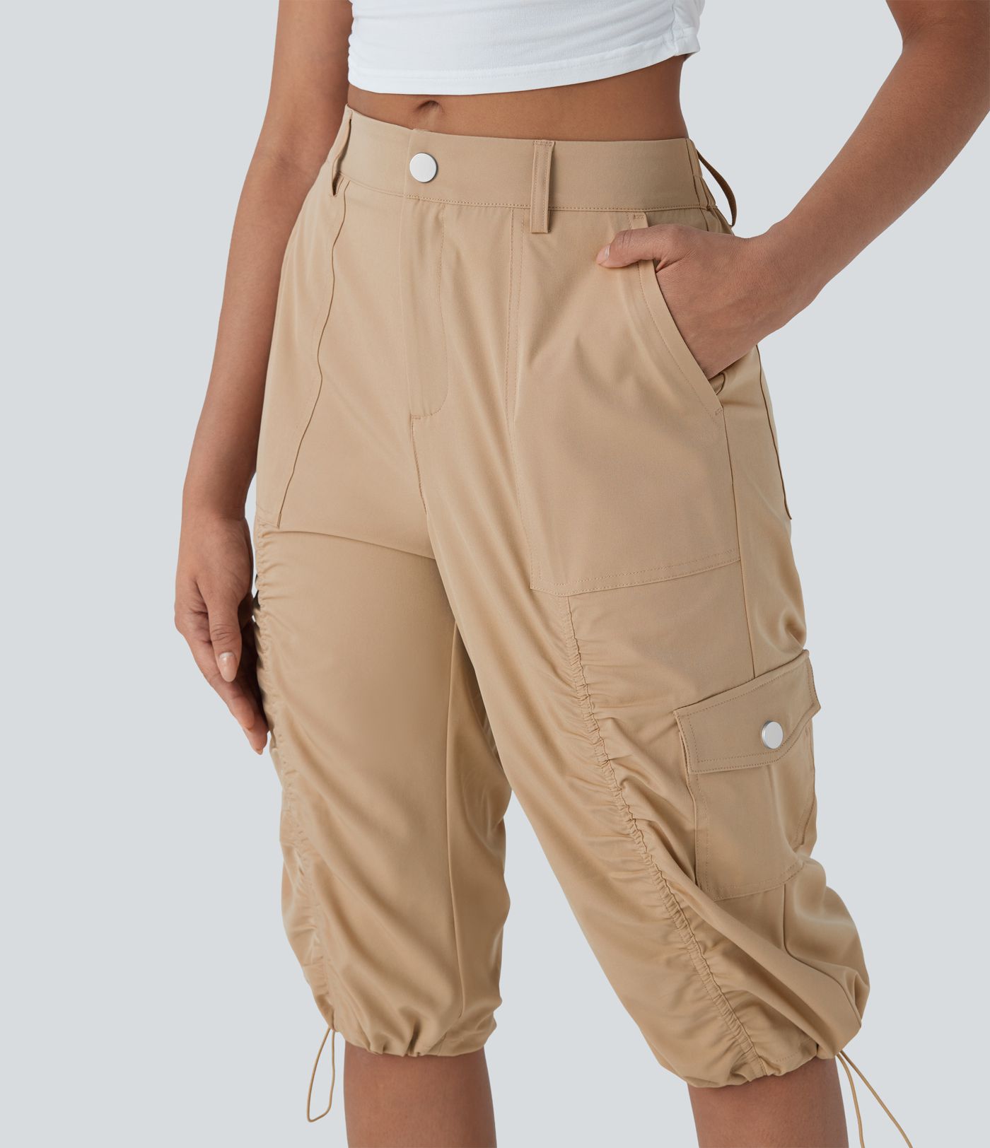 Mittelhohe, gerüschte, verstellbare Cargo-Hose mit Kordelzug, schnelltrocknend, lässige Pedal-Pusher-Hose mit Taschen