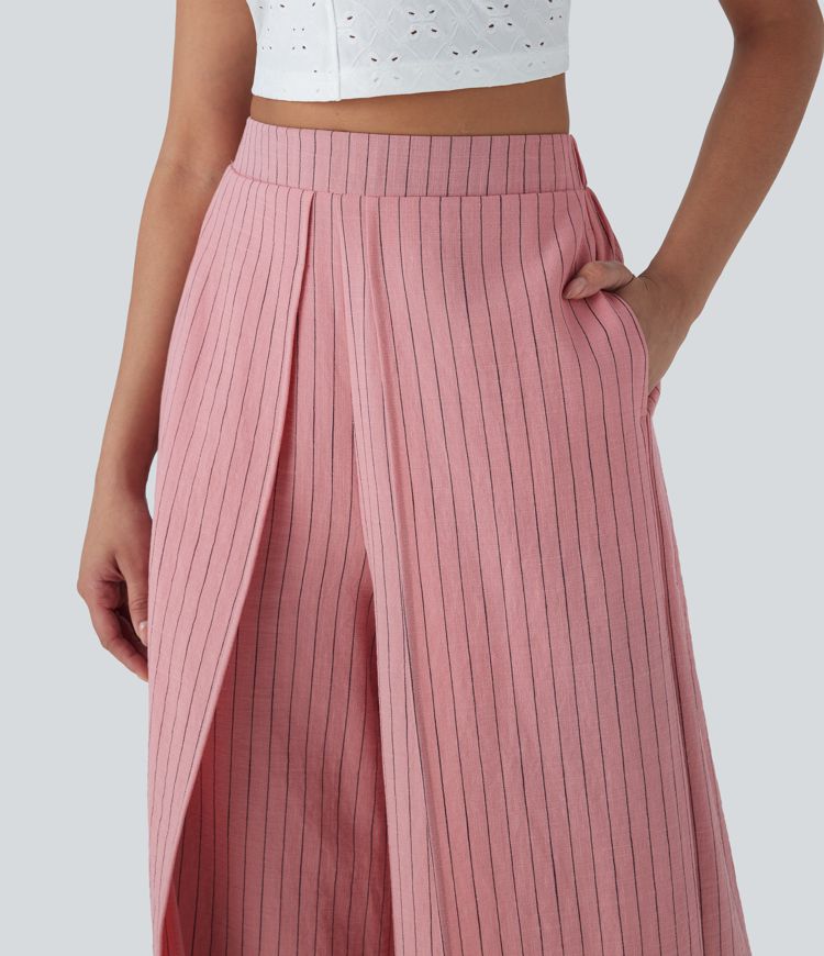 Urlaubs-Hose mit Leinen-Feeling, hohem Bund, Seitentaschen, Streifen, Schlitz und weitem Bein