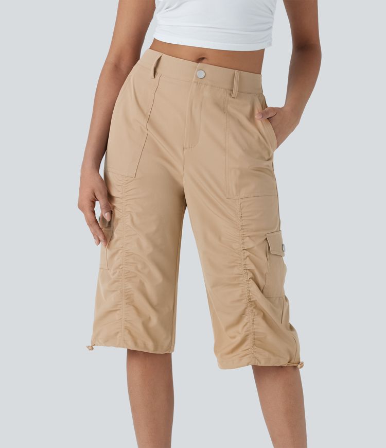 Mid-Rise Ruched Adjustable Drawcord Cargo Quick-Dry Casual Pedal Pusher Pants with Pockets