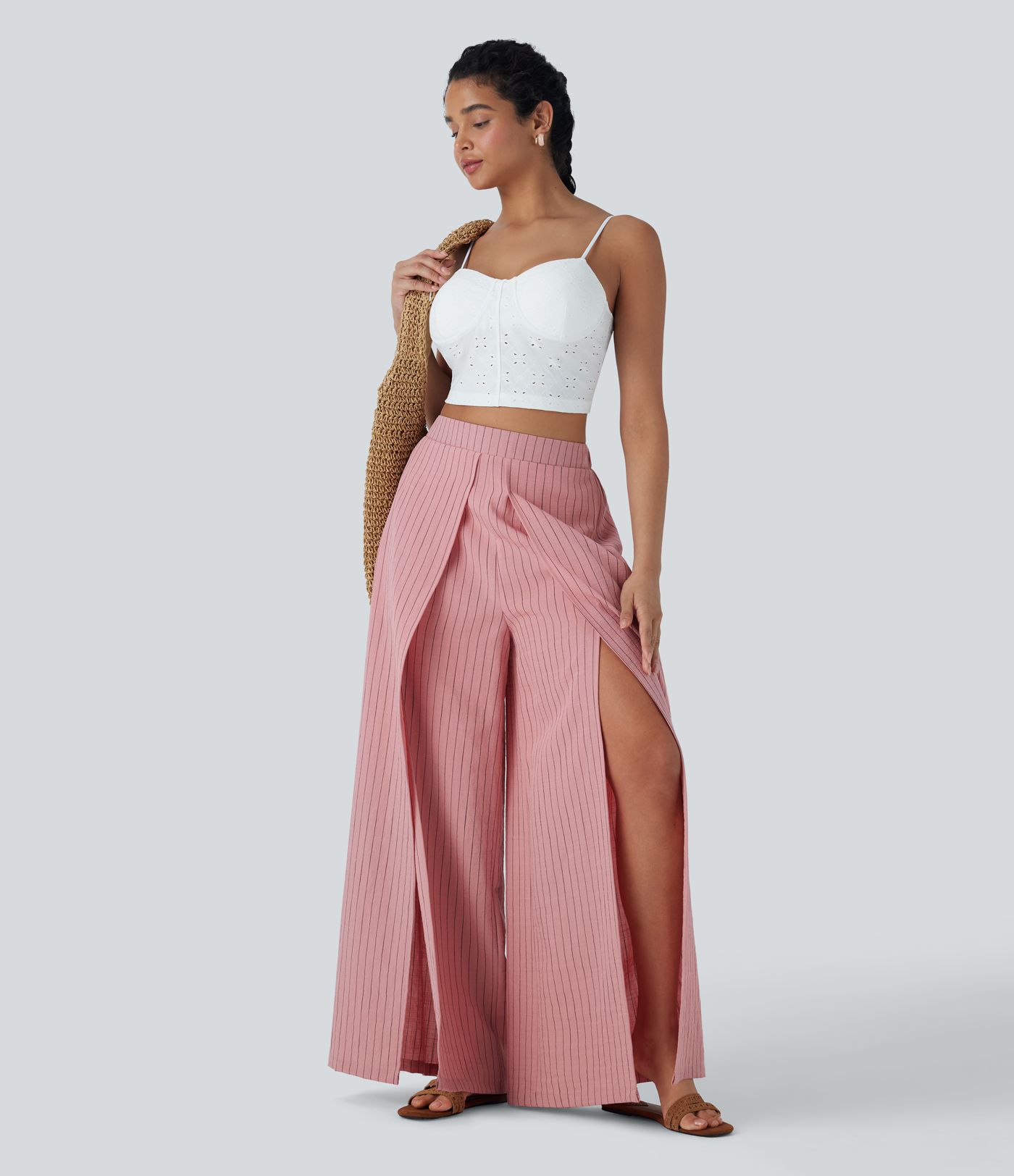 Urlaubs-Hose mit Leinen-Feeling, hohem Bund, Seitentaschen, Streifen, Schlitz und weitem Bein