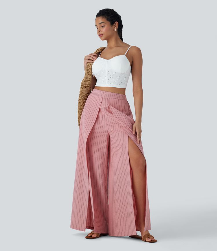 Urlaubs-Hose mit Leinen-Feeling, hohem Bund, Seitentaschen, Streifen, Schlitz und weitem Bein