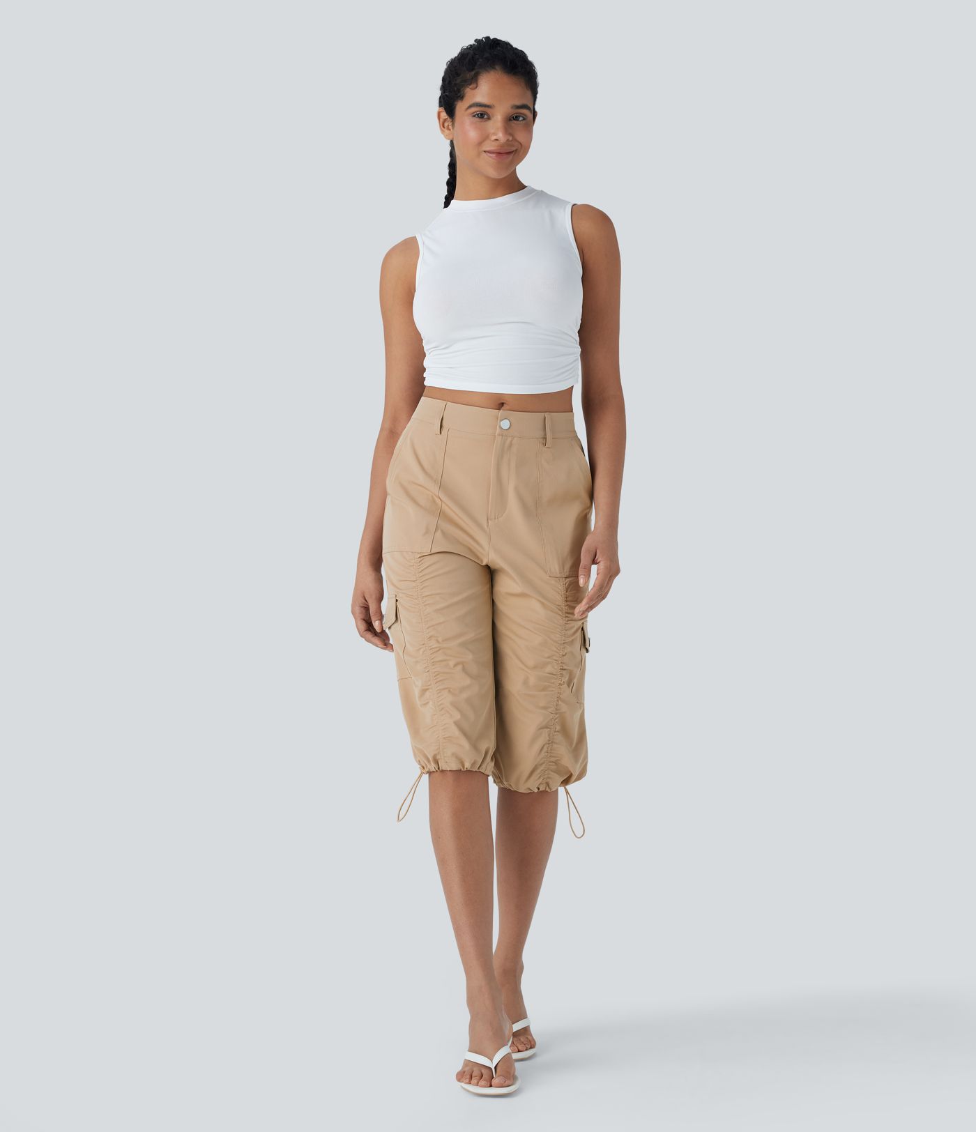 Mittelhohe, gerüschte, verstellbare Cargo-Hose mit Kordelzug, schnelltrocknend, lässige Pedal-Pusher-Hose mit Taschen