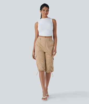 Mittelhohe, gerüschte, verstellbare Cargo-Hose mit Kordelzug, schnelltrocknend, lässige Pedal-Pusher-Hose mit Taschen