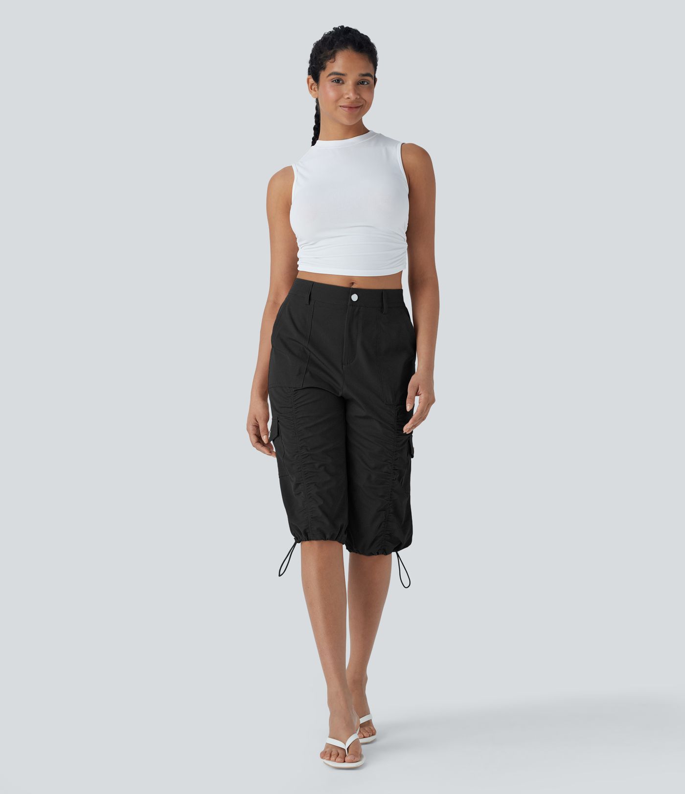 Mittelhohe, gerüschte, verstellbare Cargo-Hose mit Kordelzug, schnelltrocknend, lässige Pedal-Pusher-Hose mit Taschen