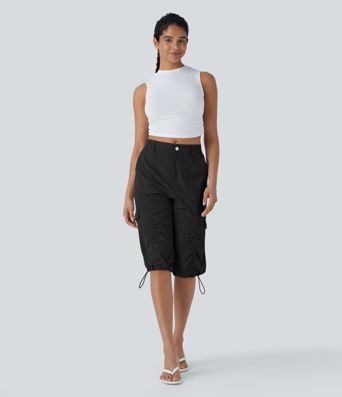 Mittelhohe, gerüschte, verstellbare Cargo-Hose mit Kordelzug, schnelltrocknend, lässige Pedal-Pusher-Hose mit Taschen