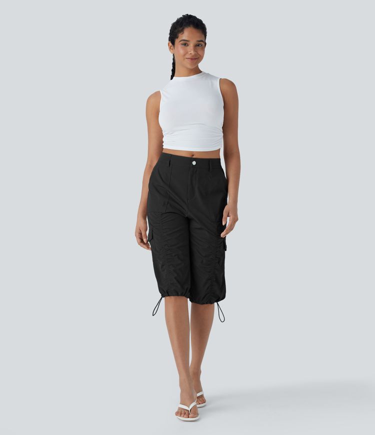 Mittelhohe, gerüschte, verstellbare Cargo-Hose mit Kordelzug, schnelltrocknend, lässige Pedal-Pusher-Hose mit Taschen