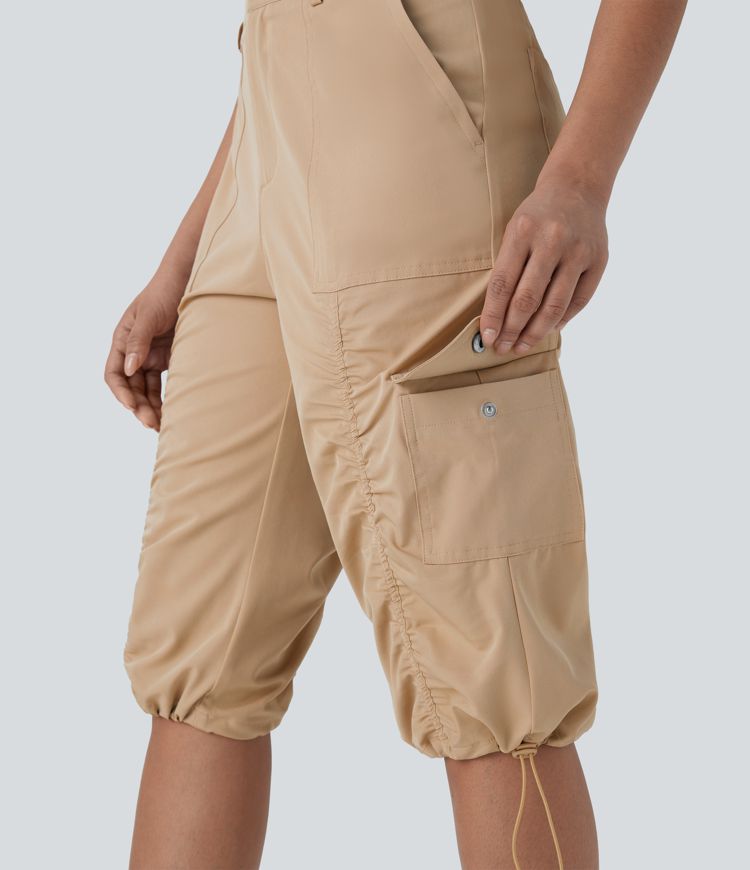 Mittelhohe, gerüschte, verstellbare Cargo-Hose mit Kordelzug, schnelltrocknend, lässige Pedal-Pusher-Hose mit Taschen