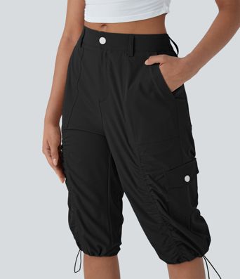 Mittelhohe, gerüschte, verstellbare Cargo-Hose mit Kordelzug, schnelltrocknend, lässige Pedal-Pusher-Hose mit Taschen