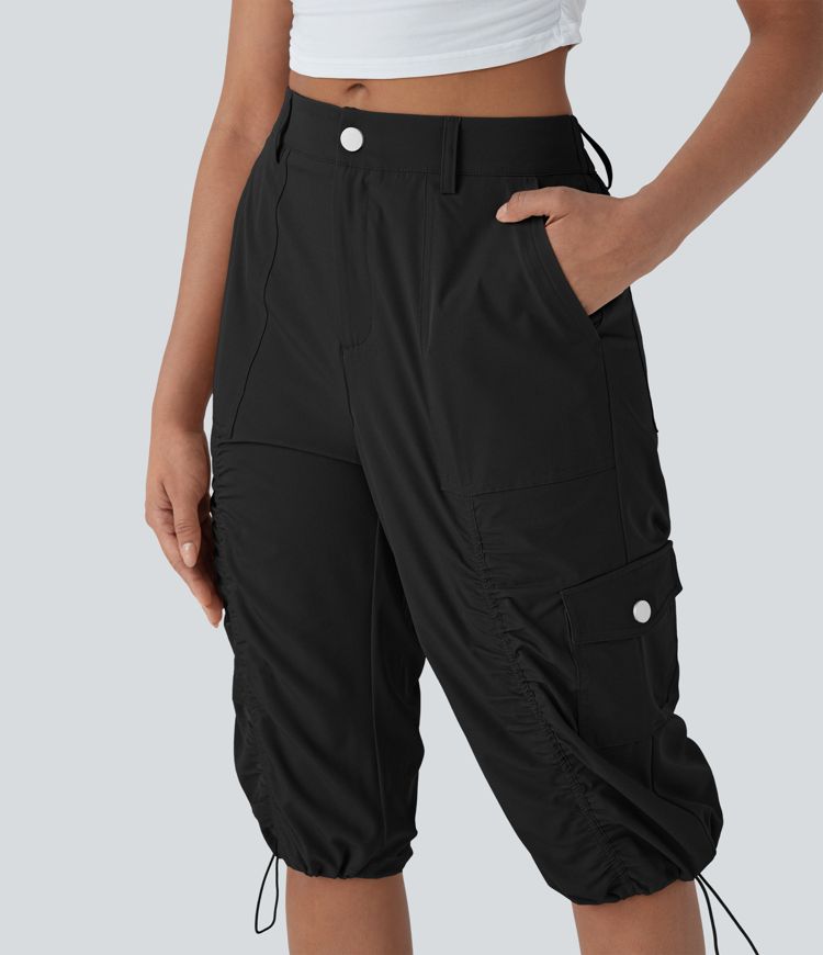 Mittelhohe, gerüschte, verstellbare Cargo-Hose mit Kordelzug, schnelltrocknend, lässige Pedal-Pusher-Hose mit Taschen