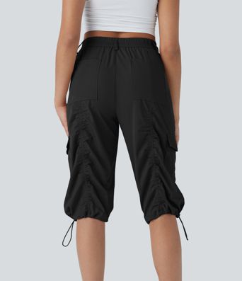 Mittelhohe, gerüschte, verstellbare Cargo-Hose mit Kordelzug, schnelltrocknend, lässige Pedal-Pusher-Hose mit Taschen