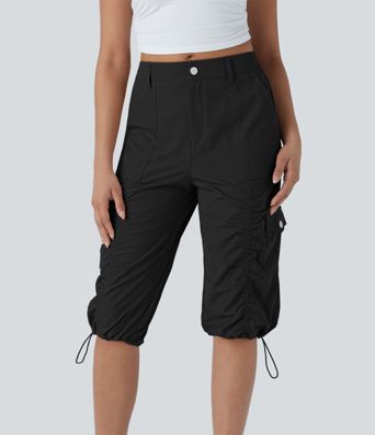 Mittelhohe, gerüschte, verstellbare Cargo-Hose mit Kordelzug, schnelltrocknend, lässige Pedal-Pusher-Hose mit Taschen