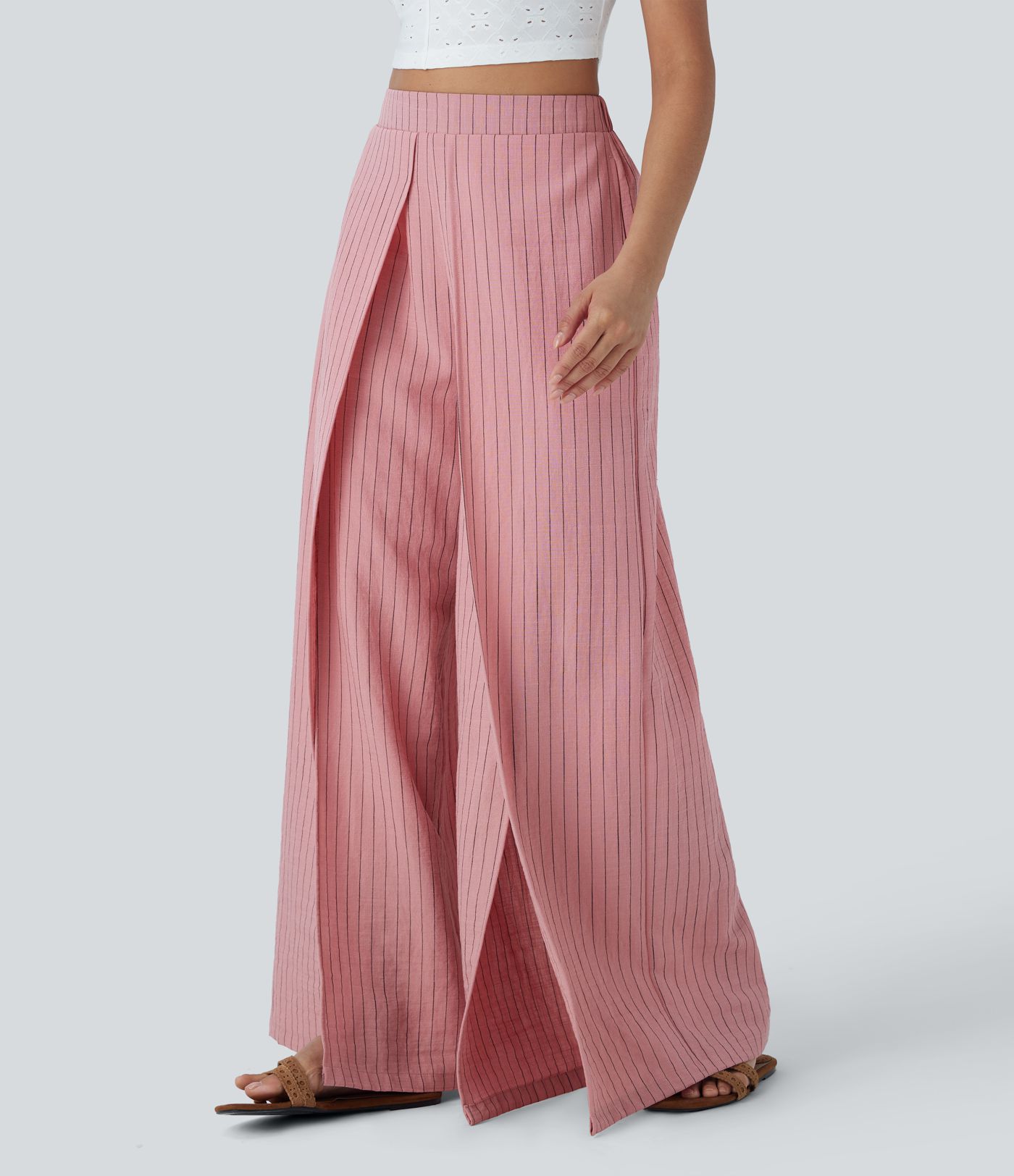 Urlaubs-Hose mit Leinen-Feeling, hohem Bund, Seitentaschen, Streifen, Schlitz und weitem Bein