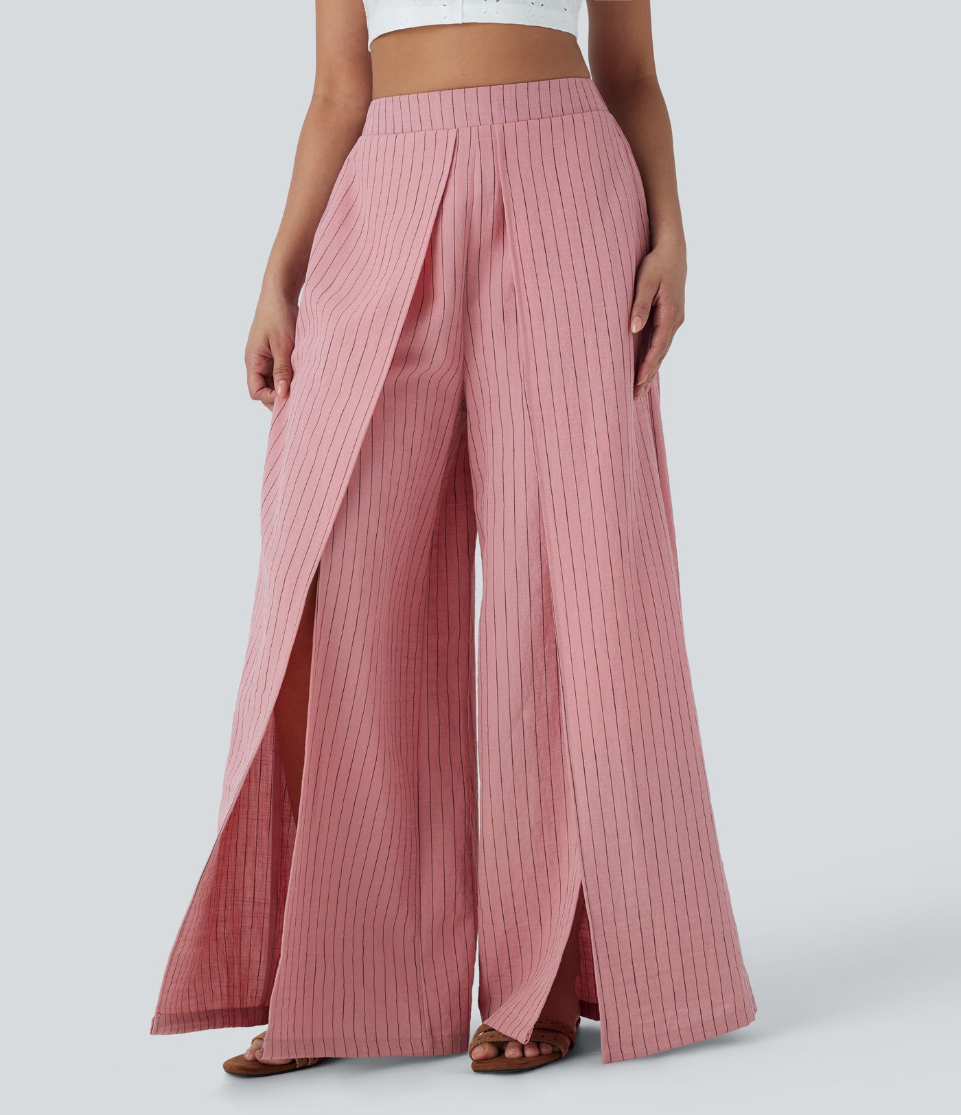 Urlaubs-Hose mit Leinen-Feeling, hohem Bund, Seitentaschen, Streifen, Schlitz und weitem Bein