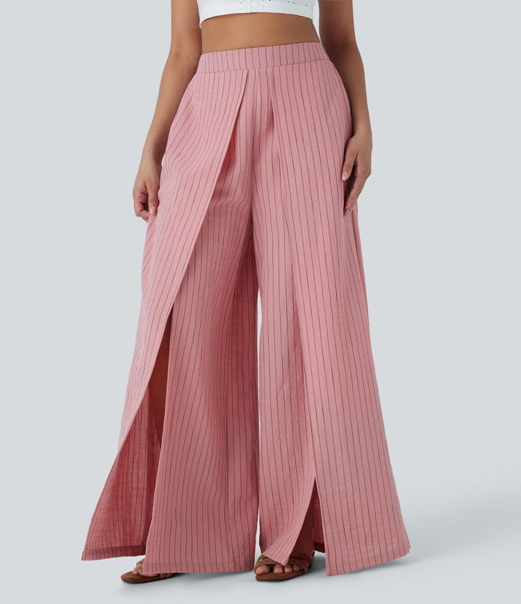 Urlaubs-Hose mit Leinen-Feeling, hohem Bund, Seitentaschen, Streifen, Schlitz und weitem Bein