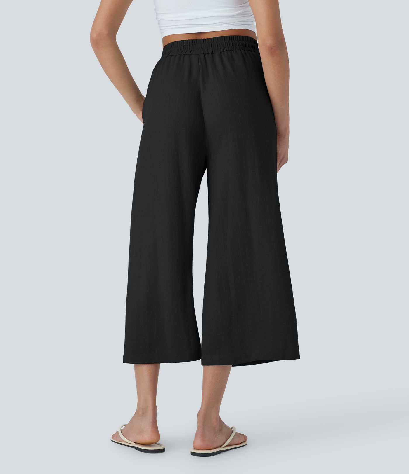 High Waisted Drawstring Wide Leg Cropped Women Casual Linen-Feel Pants with Pockets