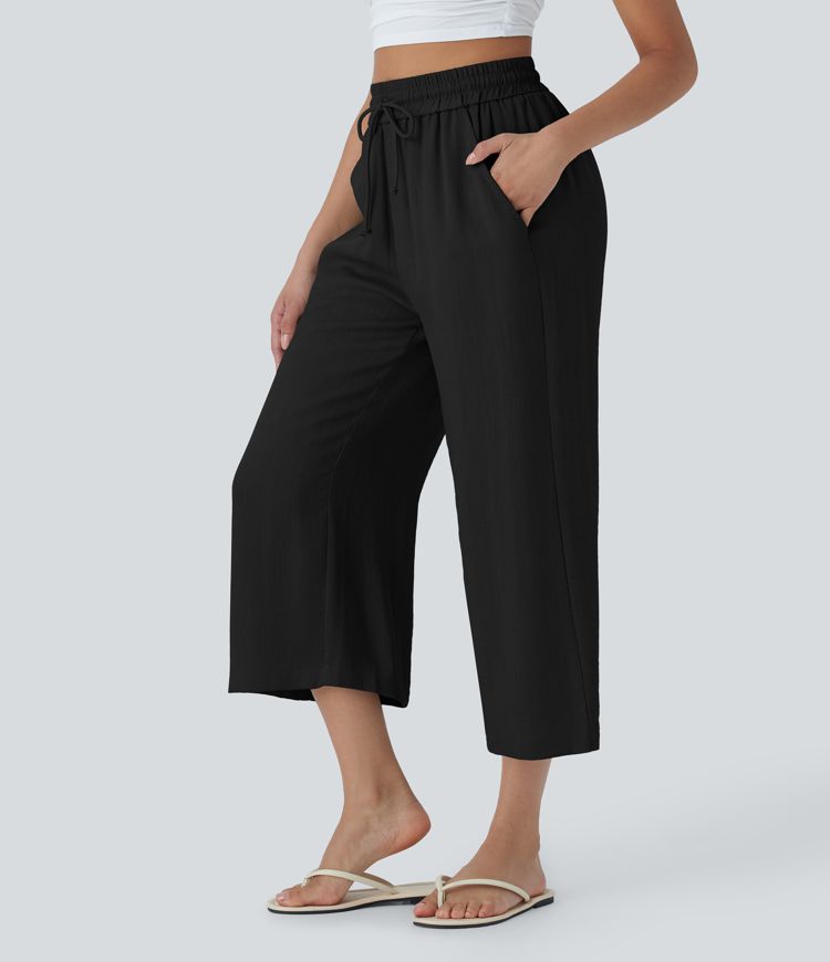 High Waisted Drawstring Wide Leg Cropped Women Casual Linen-Feel Pants with Pockets