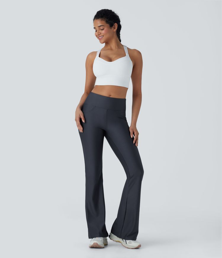 Mid Rise Sheen Flare Yoga Leggings with Pockets