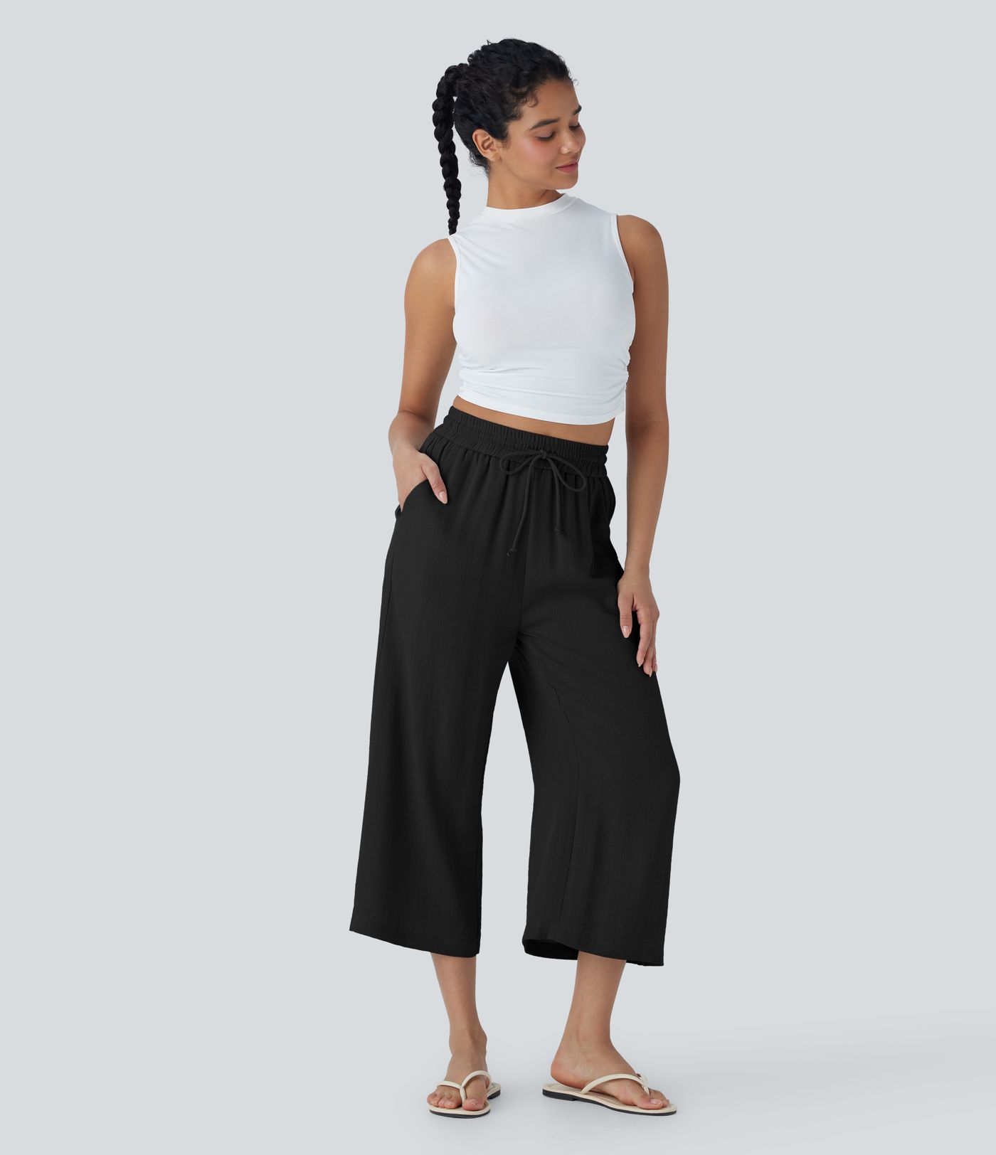 High Waisted Drawstring Wide Leg Cropped Women Casual Linen-Feel Pants with Pockets
