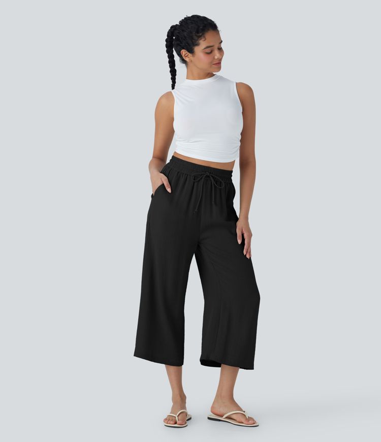 High Waisted Drawstring Wide Leg Cropped Women Casual Linen-Feel Pants with Pockets