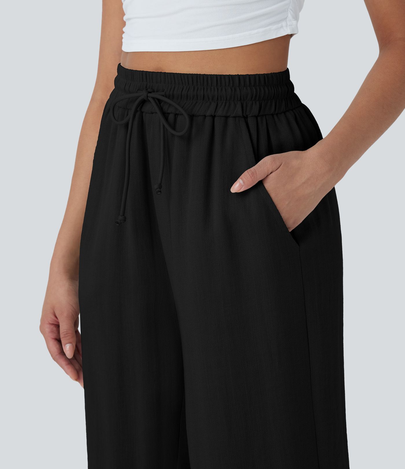 High Waisted Drawstring Wide Leg Cropped Women Casual Linen-Feel Pants with Pockets