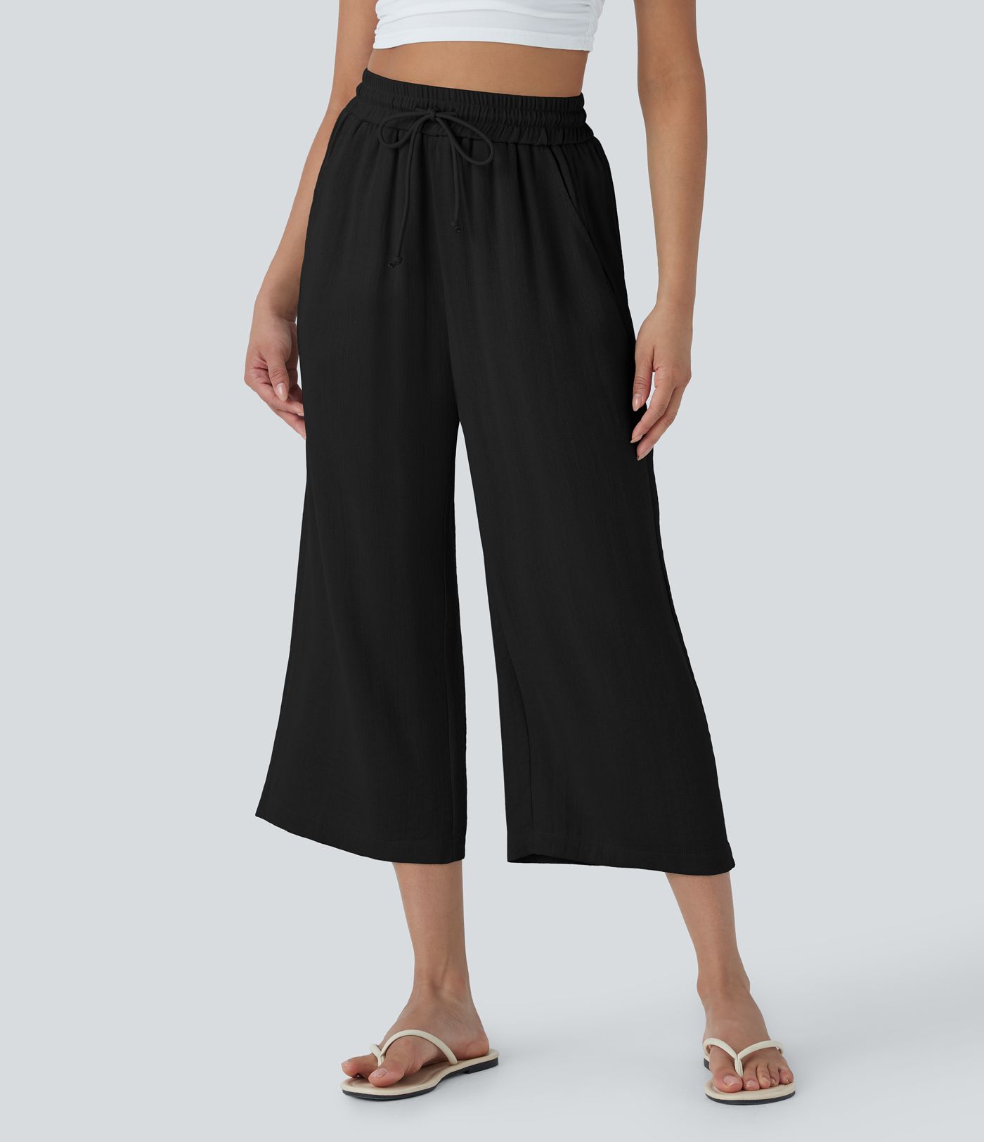 High Waisted Drawstring Wide Leg Cropped Women Casual Linen-Feel Pants with Pockets
