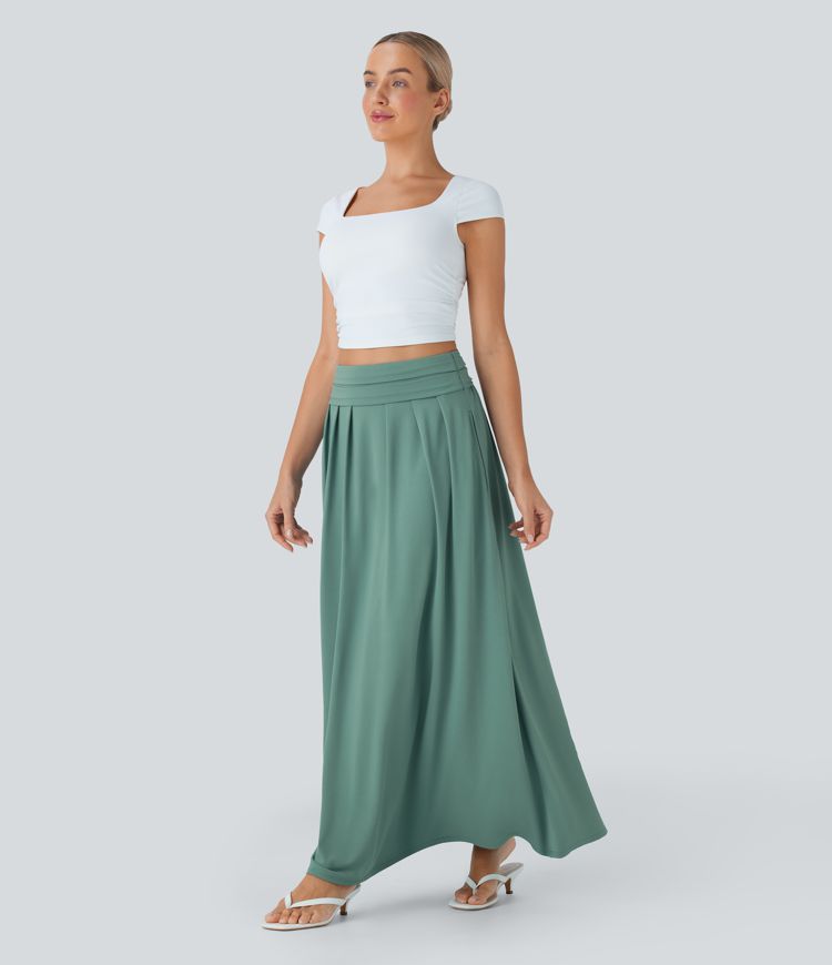 High Waisted Tummy Control Flare Maxi Casual Skirt with Pockets
