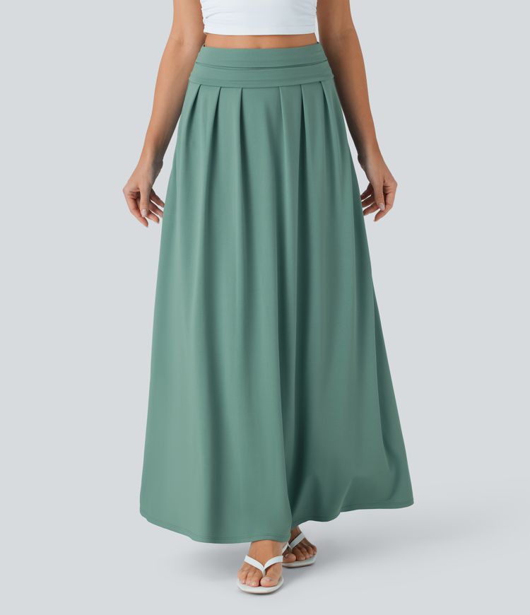Socinched High Waisted Tummy Control Flare Maxi Casual Skirt with Pockets