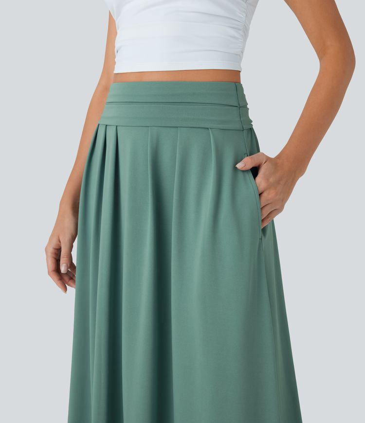 High Waisted Tummy Control Flare Maxi Casual Skirt with Pockets